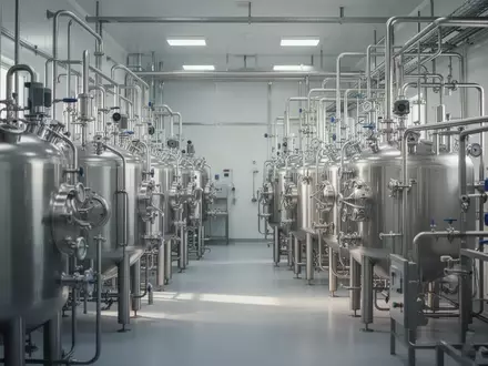 Moderne industrielle Pilotanlage mit Edelstahl-Bioreaktoren in einem Labor- und Fertigungsumfeld. - Foto: über boerse-global.de
