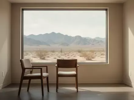 Ein minimalistischer Behandlungsraum mit Blick auf eine ruhige Wüstenlandschaft bei sanftem Tageslicht. - Foto: über boerse-global.de