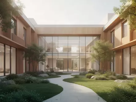 Moderner, heller Innenhof eines Therapiegebäudes mit Holzfassade und Grünflächen in ruhiger Umgebung. - Foto: über boerse-global.de