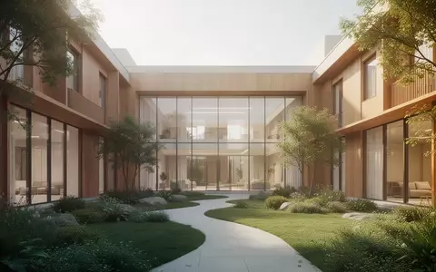 Moderner, heller Innenhof eines Therapiegebäudes mit Holzfassade und Grünflächen in ruhiger Umgebung. - Foto: über boerse-global.de