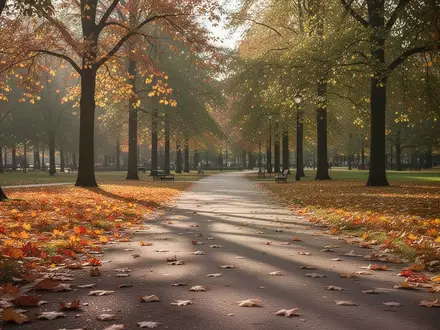 Ein sonnendurchfluteter Parkweg mit herbstlichem Laub im Gegenlicht. - Foto: über boerse-global.de