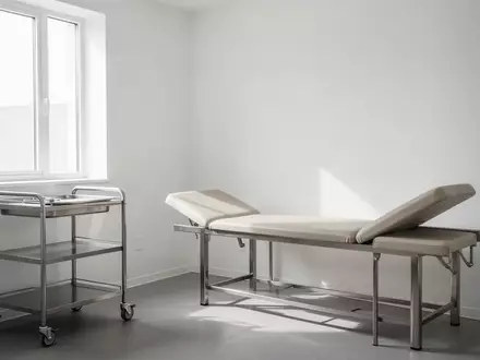 Ein minimalistischer, heller Behandlungsraum in einer Arztpraxis mit einer Untersuchungsliege und einem medizinischen Wagen. - Foto: über boerse-global.de