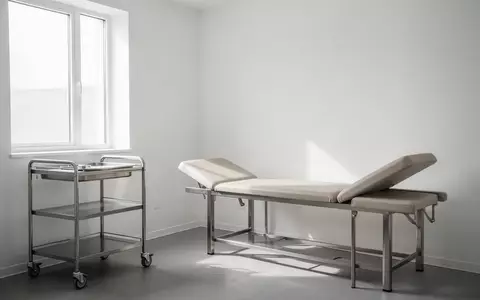 Ein minimalistischer, heller Behandlungsraum in einer Arztpraxis mit einer Untersuchungsliege und einem medizinischen Wagen. - Foto: über boerse-global.de