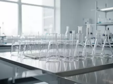 Ein modernes, helles Labor mit leeren Glasbechern auf einem Edelstahltisch in einer klinischen Umgebung. - Foto: über boerse-global.de