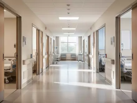 Ein heller, moderner Krankenhausflur mit offenen Zimmertüren und sauberer, steriler Umgebung. - Foto: über boerse-global.de