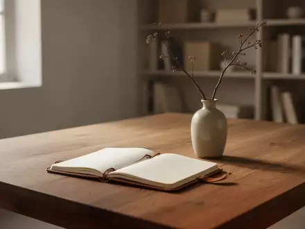Ein heller, minimalistischer Raum mit einem offenen Notizbuch auf einem Holztisch, der Ruhe und Raum für Reflexion ausstrahlt. - Foto: über boerse-global.de