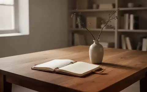 Ein heller, minimalistischer Raum mit einem offenen Notizbuch auf einem Holztisch, der Ruhe und Raum für Reflexion ausstrahlt. - Foto: über boerse-global.de