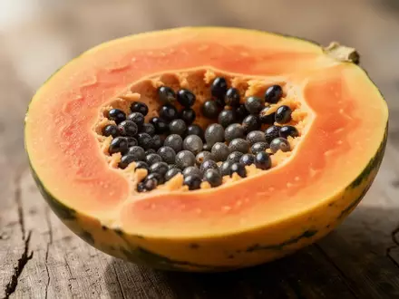 Aufgeschnittene Papaya mit zahlreichen dunklen Samen auf einer Holzoberfläche - Foto: über boerse-global.de
