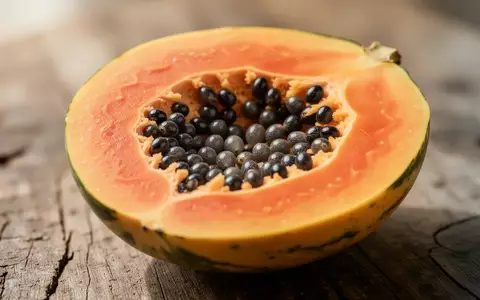 Aufgeschnittene Papaya mit zahlreichen dunklen Samen auf einer Holzoberfläche - Foto: über boerse-global.de
