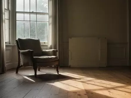 Ein ruhiges, sonnendurchflutetes Wohnzimmer mit einem leeren Sessel an einem Fenster, das sanftes Licht in den Raum wirft. - Foto: über boerse-global.de