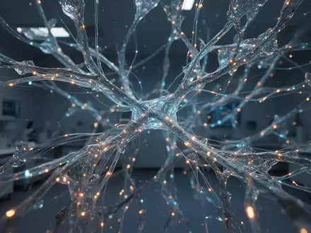 Abstrakte Darstellung neuronaler Netzwerke mit leuchtenden Verbindungen und kristallinen Strukturen in einer Laborumgebung. - Foto: über boerse-global.de