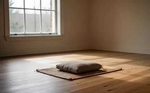 Ein minimalistischer, ruhiger Raum mit einem Meditationskissen auf einer Matte, der eine AtmosphĂ€re von Stille und Entschleunigung vermittelt. - Foto: ĂŒber boerse-global.de