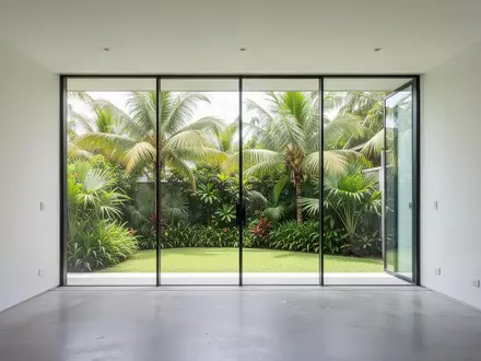 Ein minimalistischer, lichtdurchfluteter Wohnraum mit Blick in einen tropischen Garten. - Foto: über boerse-global.de