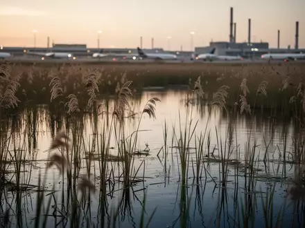 Ein Feuchtgebiet nahe eines Flughafens bei Dämmerung, das als natürlicher Lebensraum für Insekten dient. - Foto: über boerse-global.de