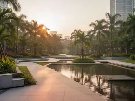 Ein moderner, minimalistischer Stadtpark in Jakarta bei Sonnenuntergang mit geometrischen Wegen und üppigen Grünflächen. - Foto: über boerse-global.de