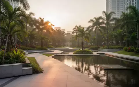 Ein moderner, minimalistischer Stadtpark in Jakarta bei Sonnenuntergang mit geometrischen Wegen und üppigen Grünflächen. - Foto: über boerse-global.de
