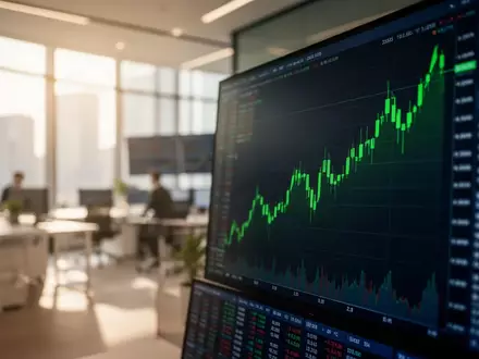 Moderne Börsenbüroumgebung mit verschwommenen grünen Kursverläufen auf Bildschirmen. - Foto: über boerse-global.de