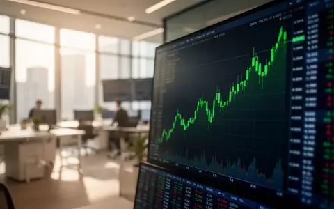 Moderne Börsenbüroumgebung mit verschwommenen grünen Kursverläufen auf Bildschirmen. - Foto: über boerse-global.de