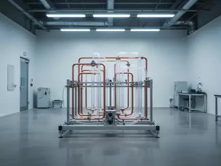 Ein minimalistischer, moderner Arbeitsraum mit sichtbaren wassergekühlten Rohrleitungen an einer technologischen Testanlage. - Foto: über boerse-global.de