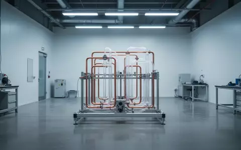Ein minimalistischer, moderner Arbeitsraum mit sichtbaren wassergekühlten Rohrleitungen an einer technologischen Testanlage. - Foto: über boerse-global.de