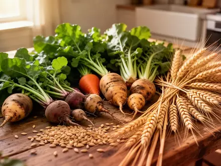 Frische regionale Erzeugnisse und landwirtschaftliche Produkte auf einem hölzernen Küchentisch bei natürlichem Tageslicht. - Foto: über boerse-global.de
