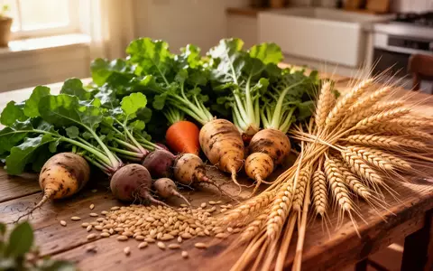 Frische regionale Erzeugnisse und landwirtschaftliche Produkte auf einem hölzernen Küchentisch bei natürlichem Tageslicht. - Foto: über boerse-global.de