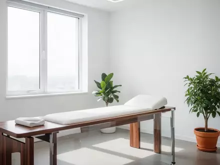 Ein minimalistisch eingerichteter, heller Behandlungsraum in einer Arztpraxis mit Tageslicht. - Foto: über boerse-global.de