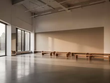 Ein heller, minimalistischer Fitnessraum mit poliertem Betonboden und großen Fenstern, der Ruhe und Ordnung ausstrahlt. - Foto: über boerse-global.de