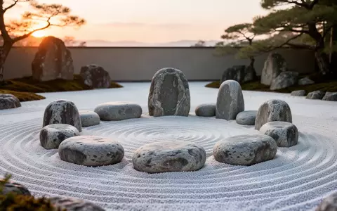 Ein minimalistischer Zen-Garten mit geharktem Kies und glatten Flusssteinen im sanften Morgenlicht. - Foto: über boerse-global.de