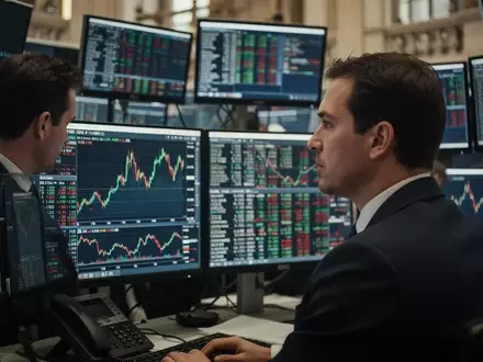 Börsenhändler an einem Arbeitsplatz in der Londoner City vor Monitoren mit Aktienkursen. - Foto: über boerse-global.de