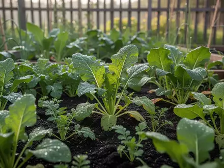 Ein naturnaher Gemüsegarten mit dunkler Erde und grünen Pflanzen im Sonnenlicht. - Foto: über boerse-global.de
