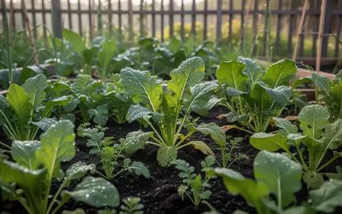 Ein naturnaher Gemüsegarten mit dunkler Erde und grünen Pflanzen im Sonnenlicht. - Foto: über boerse-global.de
