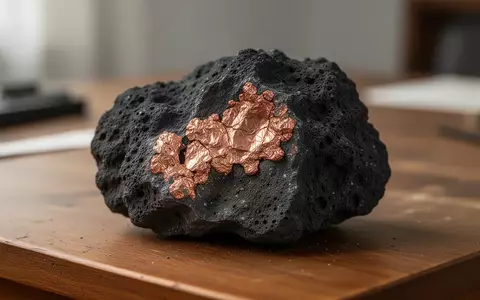 Nahaufnahme einer geologischen Gesteinsprobe mit gediegenem Kupfer in einem dunklen Gesteinsblock auf einem Holztisch. - Foto: über boerse-global.de