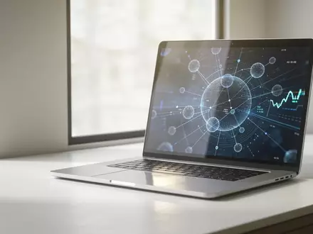 Ein moderner, minimalistischer Arbeitsplatz mit einem Laptop, auf dem komplexe Finanzdaten visualisiert werden. - Foto: über boerse-global.de