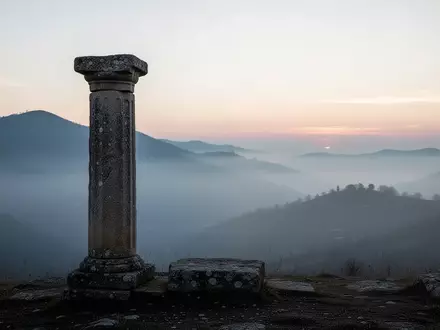 Eine antike Steinsäule in einer ruhigen, nebligen Berglandschaft bei Sonnenaufgang, die Beständigkeit und innere Ruhe symbolisiert. - Foto: über boerse-global.de