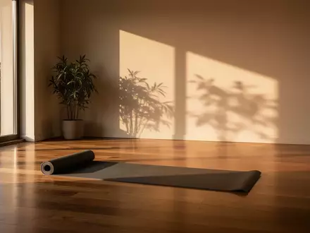 Eine Yoga-Matte liegt in einem hellen, minimalistisch eingerichteten Raum auf einem Holzboden, beleuchtet durch sanftes Morgenlicht. - Foto: über boerse-global.de