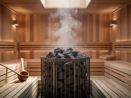 Ein moderner Saunaraum mit einem großen Saunaofen, heißen Steinen und einer schöpferischen Atmosphäre in einer hochwertigen Holzkabine. - Foto: über boerse-global.de
