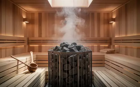 Ein moderner Saunaraum mit einem großen Saunaofen, heißen Steinen und einer schöpferischen Atmosphäre in einer hochwertigen Holzkabine. - Foto: über boerse-global.de