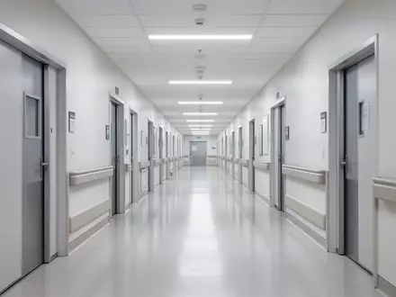 Ein langer, leerer Krankenhausflur mit glänzenden Böden und weißen Wänden in einer modernen Klinik. - Foto: über boerse-global.de