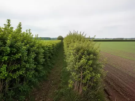 Eine dichte Hecke zwischen zwei landwirtschaftlichen Feldern unter einem bewölkten Himmel als Symbol für Klimaschutz. - Foto: über boerse-global.de