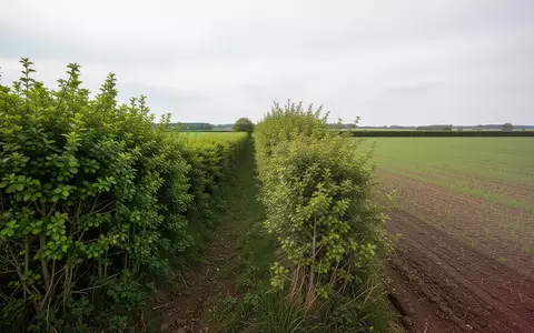 Eine dichte Hecke zwischen zwei landwirtschaftlichen Feldern unter einem bewölkten Himmel als Symbol für Klimaschutz. - Foto: über boerse-global.de