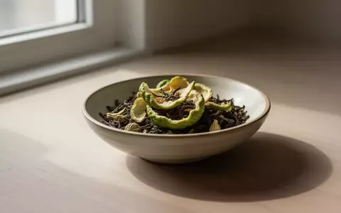Eine minimalistische Komposition aus getrockneten Bergamotteschalen und Teeblättern in einer Keramikschale bei natürlichem Licht. - Foto: über boerse-global.de