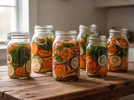 Glasgefäße mit fermentiertem Gemüse und Kräutern auf einem Holztisch in einer hellen Küche. - Foto: über boerse-global.de
