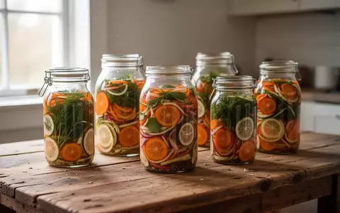 Glasgefäße mit fermentiertem Gemüse und Kräutern auf einem Holztisch in einer hellen Küche. - Foto: über boerse-global.de