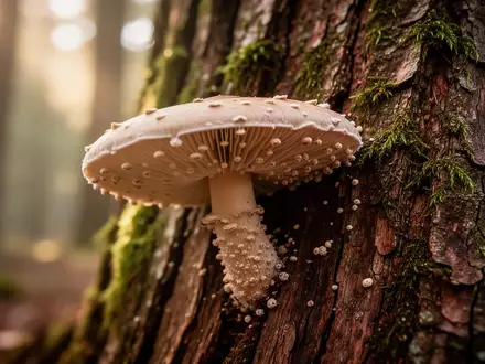 Nahaufnahme eines Pilzes an einem bemoosten Baumstamm im Wald bei natürlichem Licht. - Foto: über boerse-global.de