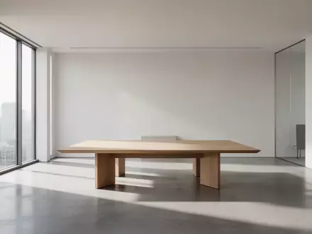 Ein minimalistischer, heller Konferenzraum mit einem Holztisch und klaren architektonischen Linien ohne Technik oder Personen. - Foto: über boerse-global.de