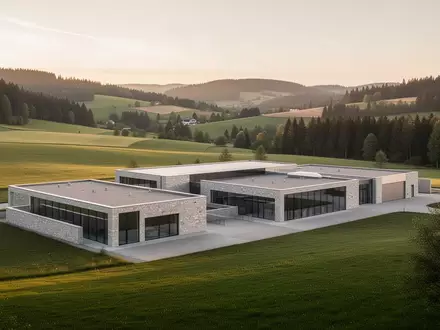Eine weitläufige, ruhige Industrielandschaft in Oberfranken mit moderner Architektur eingebettet in eine grüne Hügellandschaft. - Foto: über boerse-global.de