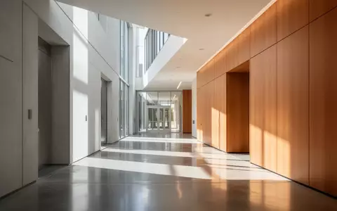 Ein heller, modern gestalteter Flur in einem Verwaltungsgebäude mit klaren architektonischen Linien und Holzverkleidungen. - Foto: über boerse-global.de