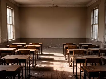 Ein leerer, ruhiger Klassenraum in einem alten Schulgebäude mit Holztischen und Stühlen bei natürlichem Lichteinfall. - Foto: über boerse-global.de