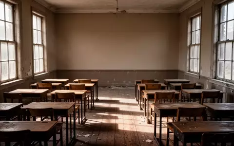 Ein leerer, ruhiger Klassenraum in einem alten Schulgebäude mit Holztischen und Stühlen bei natürlichem Lichteinfall. - Foto: über boerse-global.de